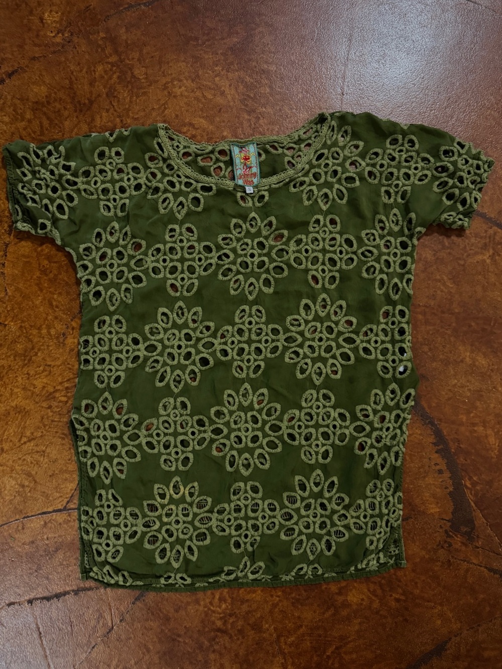 Johnny Was Lalla Olive Green embroidered Eyelet Short Sleeve tunic